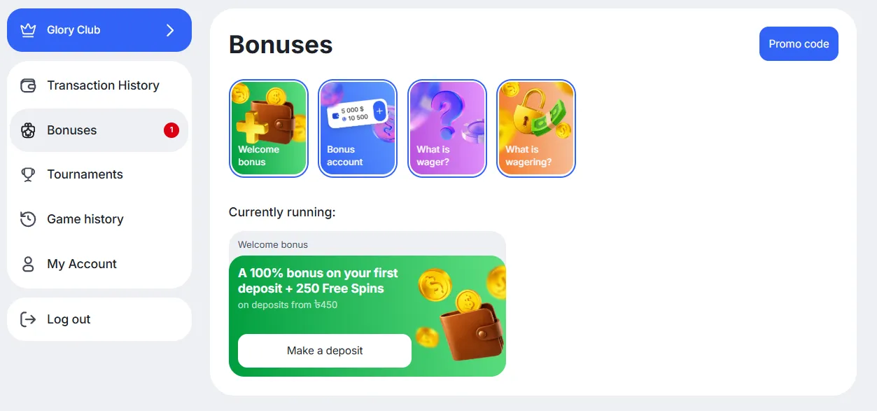 Glory Casino bonus and promotions
